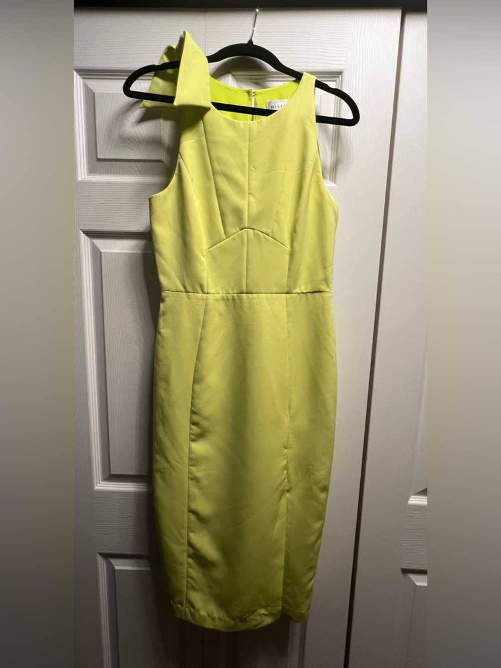 Milly Neon Lime Bow-Shoulder Midi Sheath Dress